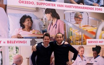 Wesley Buitenhuis (Okeedo, links) en Hans Pieter de Vries (agap2 IT) bij de lancering van de wervingsapp op vakbeurs Horecava